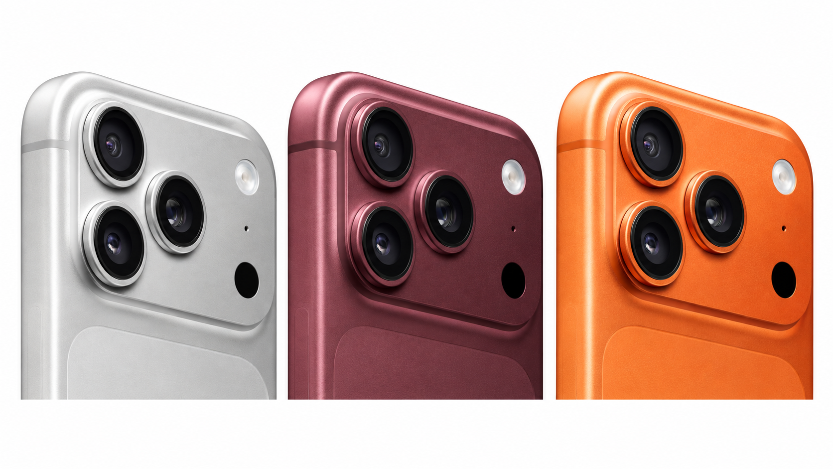 Tres iPhone en plata, guinda y naranja con módulos de cámara triple