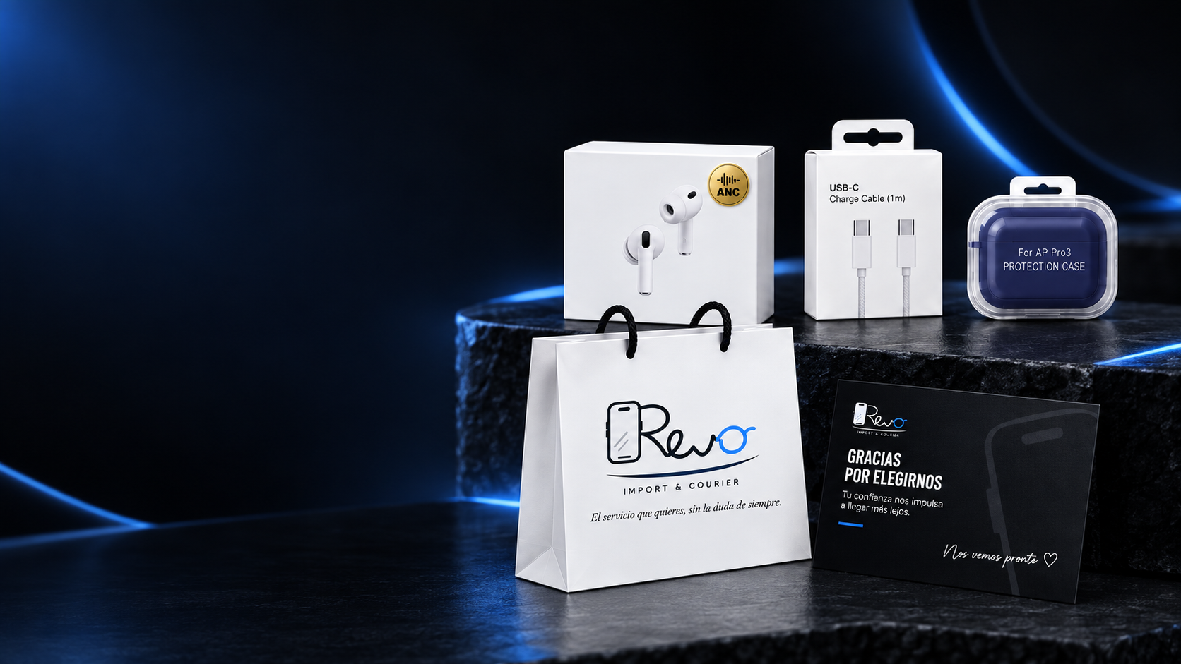 Combo Pro 3: audífonos en caja, cable USB-C, case protector, bolsa REVO y tarjeta de agradecimiento
