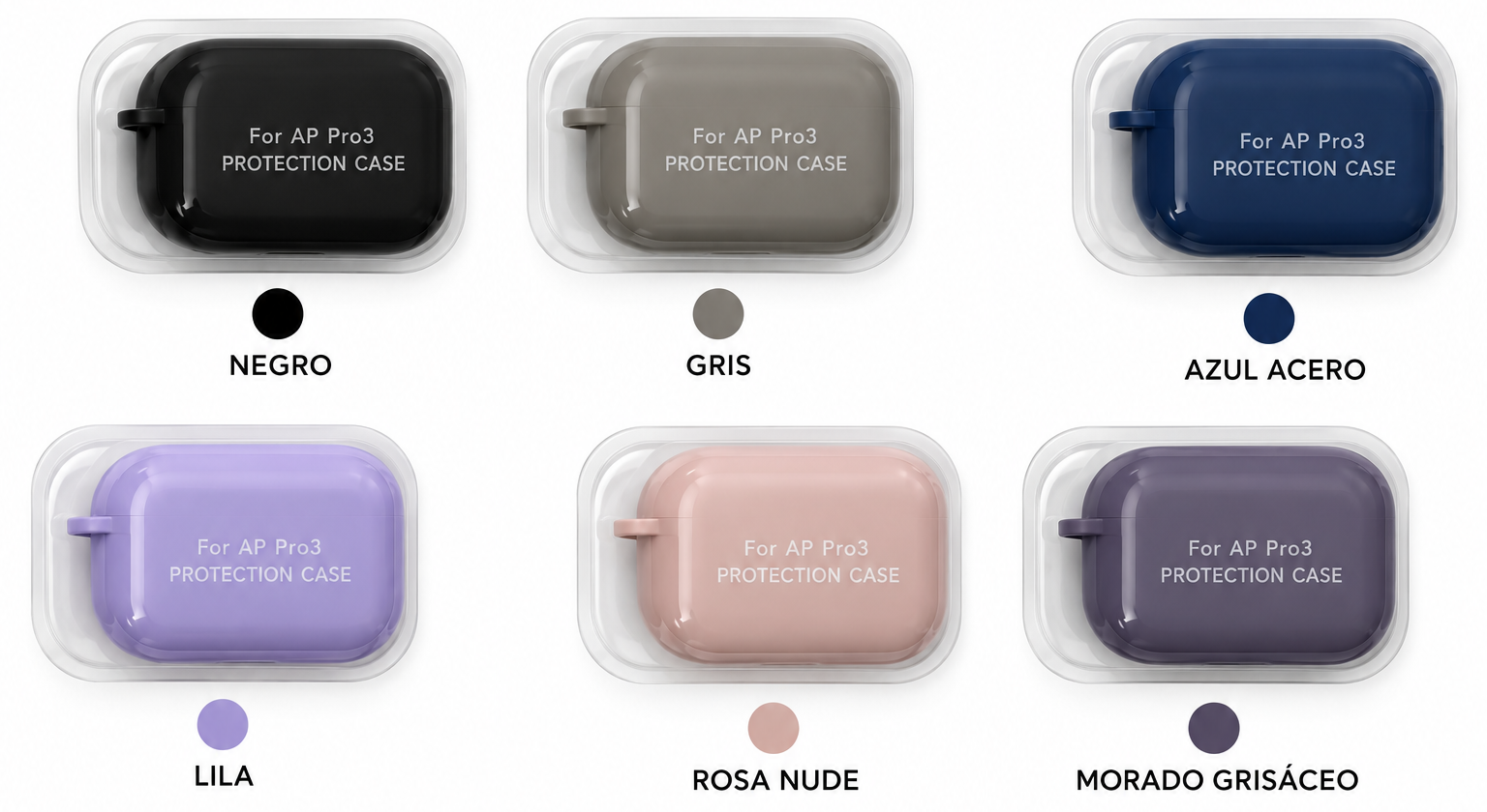 Guía visual de los seis colores de case de regalo: Negro, Gris, Azul acero, Lila, Rosa nude y Morado grisáceo